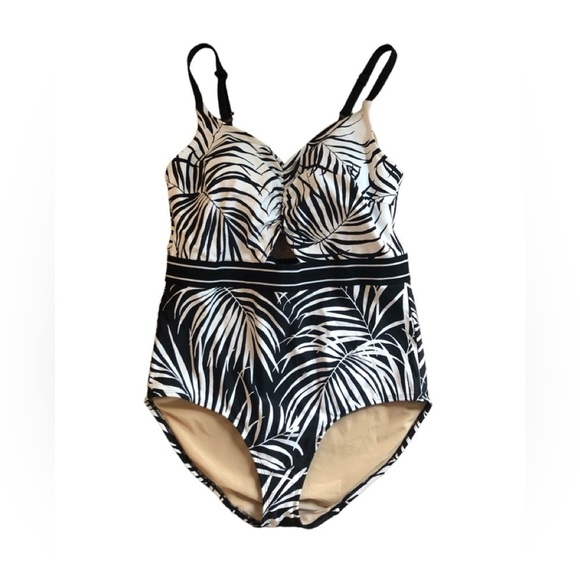 Cacique Swim Black White Palm One Piece Swimsuit 18 Cut~Out Padded Bra Summer - Picture 1 of 9
